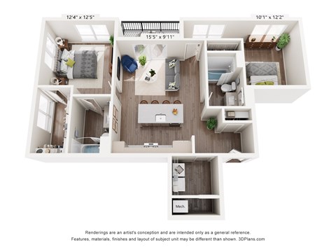 Floor plan for 2 beds, 2 baths, 1113 sqft